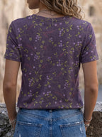 Purple Floral Print Artistic Print Round-neck Short-sleeve Slim-fit T-shirt