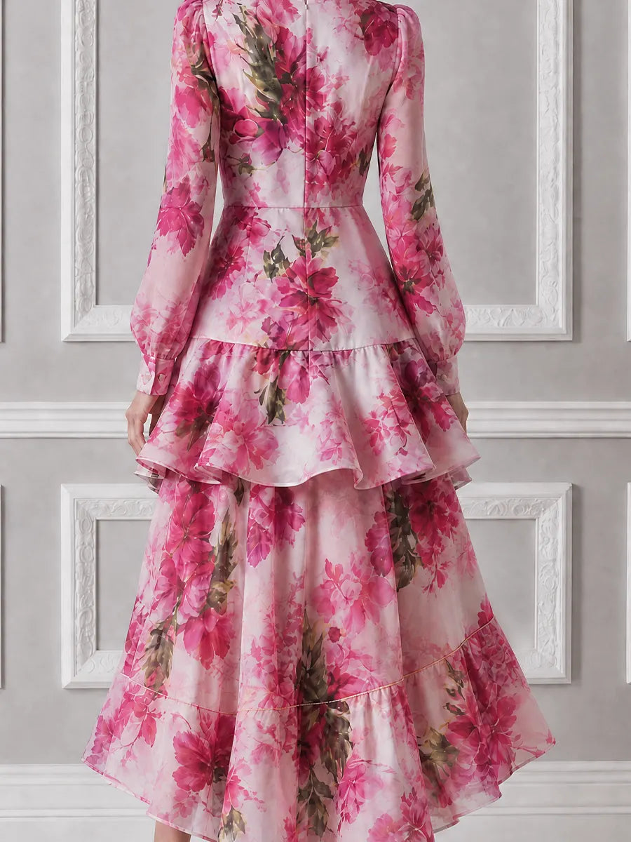 Pink Watercolor Floral Print Wrap Front Ruffle High Low Chiffon Midi Dress