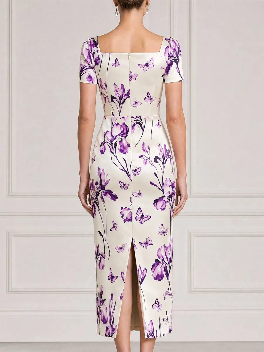 Ivory Purple Floral Print Square-Neck Bodycon Midi Dress