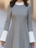 Houndstooth Color Block Flared Midi Dress With Ribbed Mock Neck