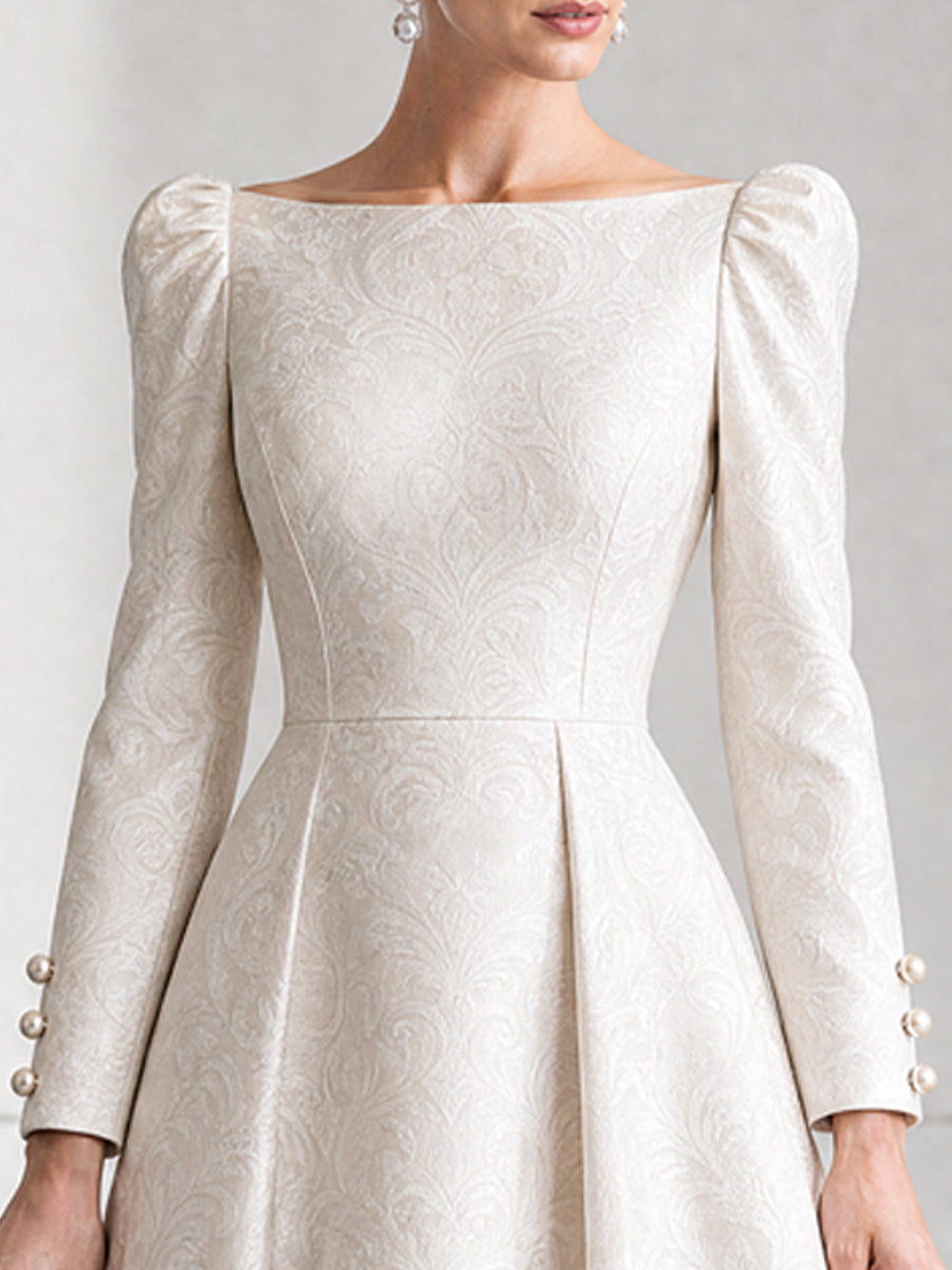 Elegant Jacquard Boat Neck Pearl Button Cuffs Dress
