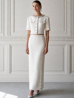 Tweed Crystal-Embellished Cropped Jacket & Maxi Skirt Two-Piece Set