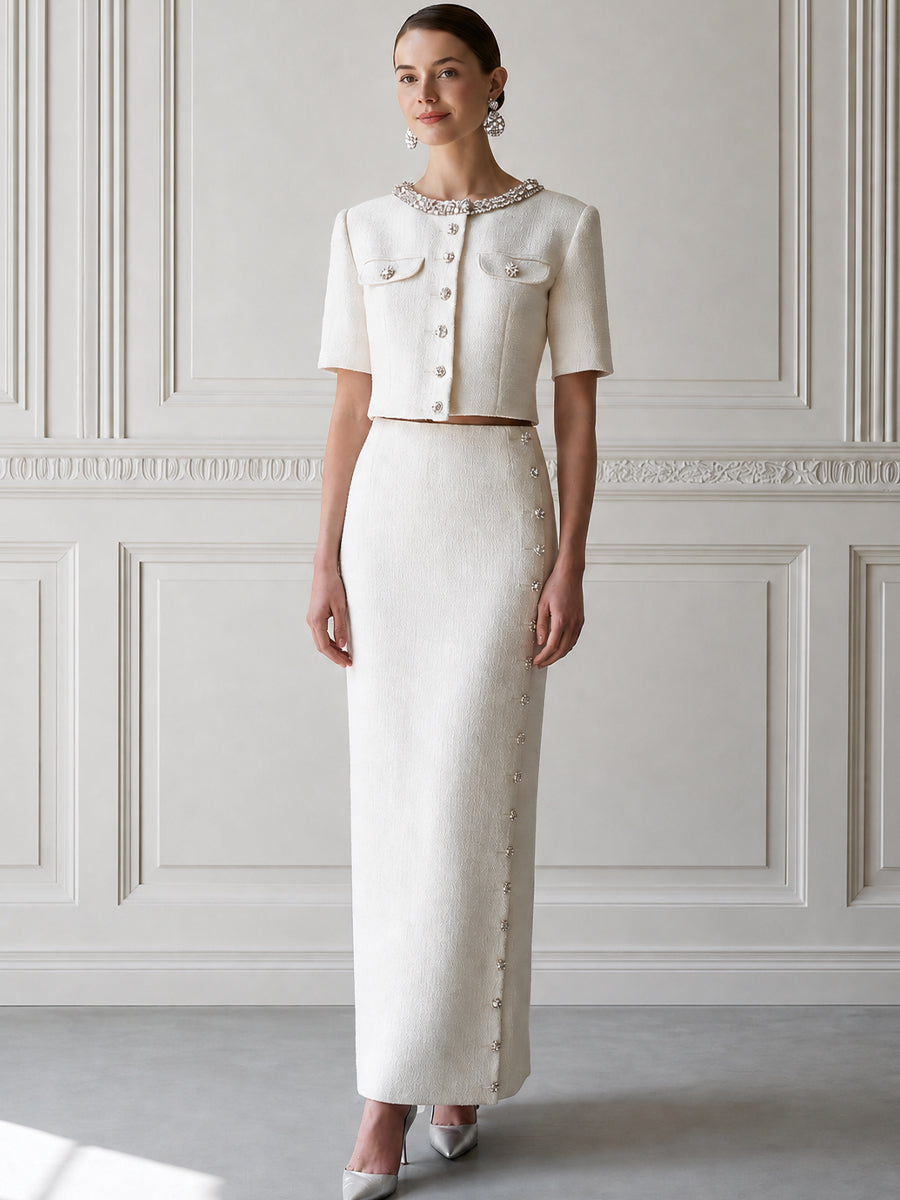 Tweed Crystal-Embellished Cropped Jacket & Maxi Skirt Two-Piece Set