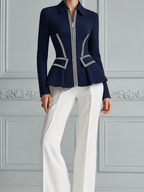 Navy Contrast Trim Peplum Zip Jacket & White Wide Leg Trousers Two-Piece Suit Set