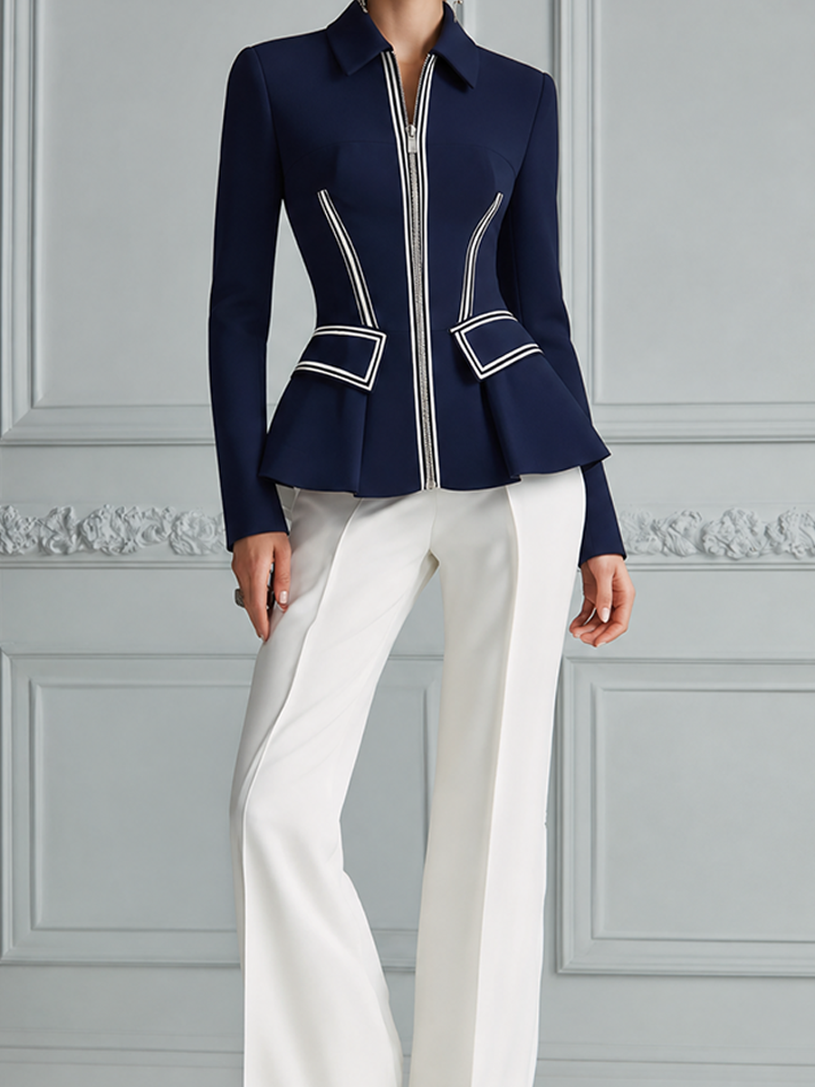 Navy Contrast Trim Peplum Zip Jacket & White Wide Leg Trousers Two-Piece Suit Set