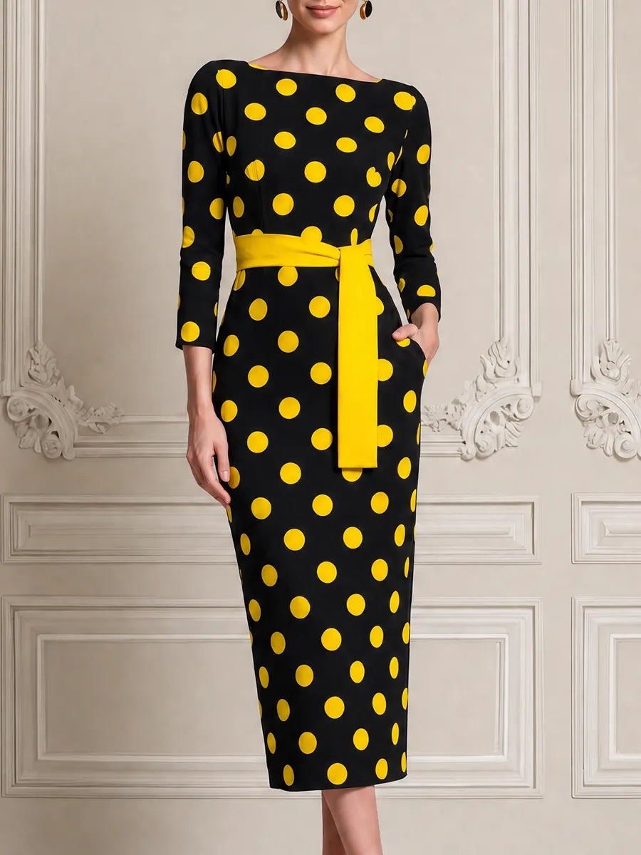 Black Polka Dot Dress Stockholm Style Belted Pencil Midi Dress