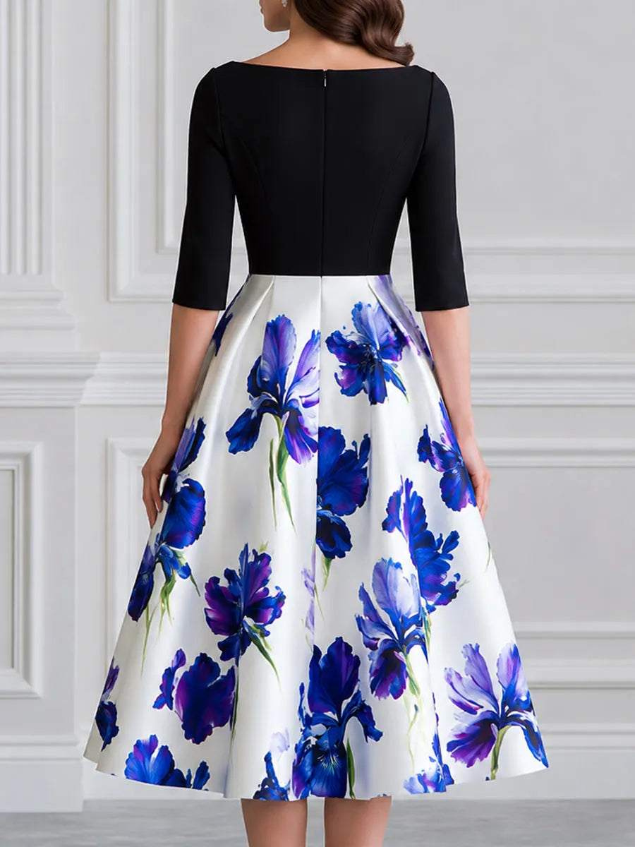 Black Color Block Watercolor Iris Print A-Line Midi Dress