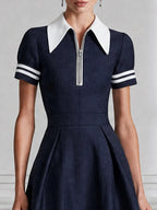 Contrast-Collar Half-Zip Nautical A-Line Midi Dress