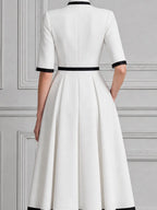White Dress Contrast Trim Pleated A-Line Midi Dress