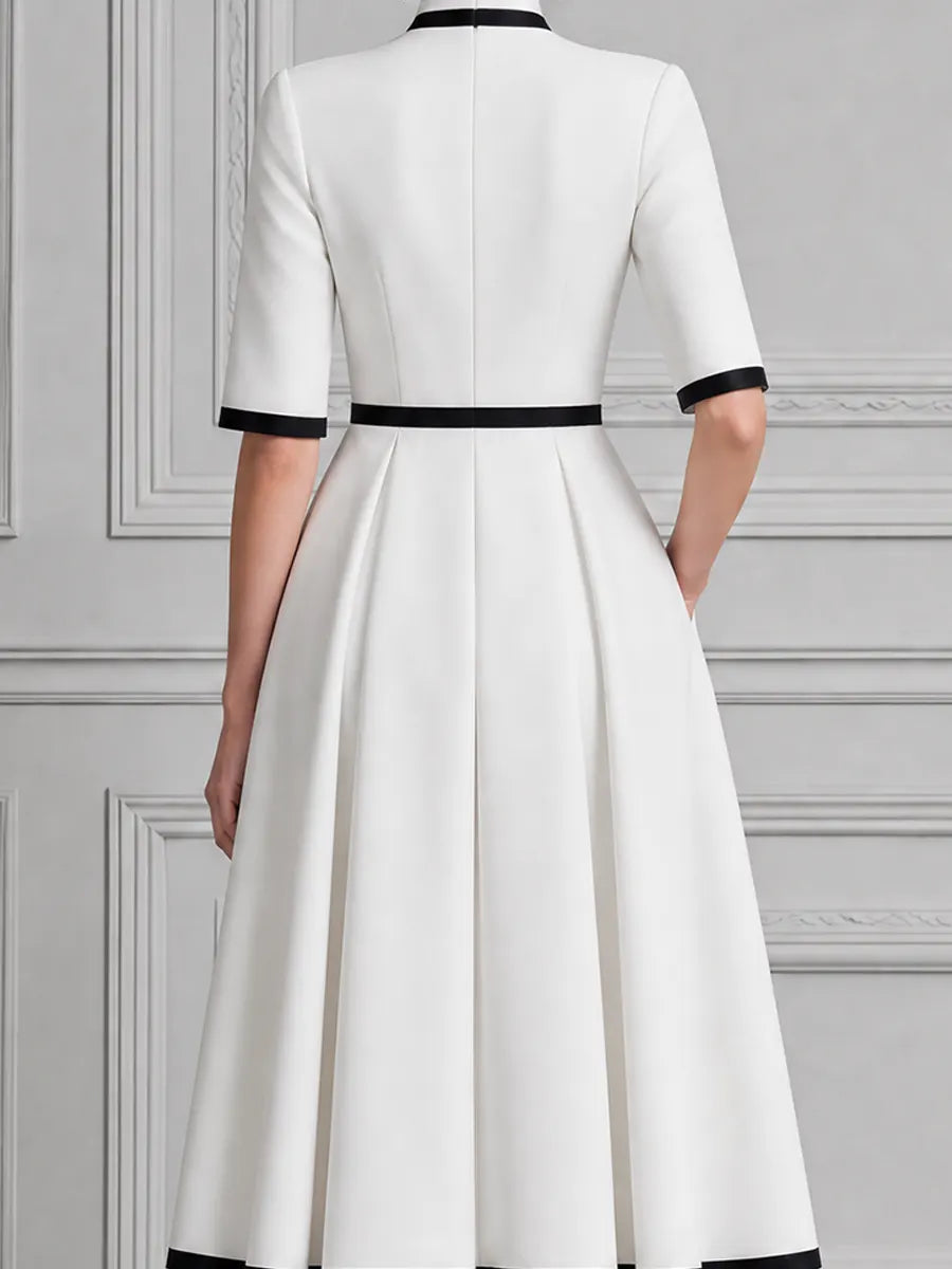 White Dress Contrast Trim Pleated A-Line Midi Dress
