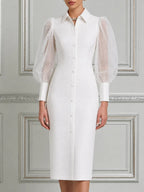 White Dress Sheer Puff Sleeve Button Front Pencil Midi Dress