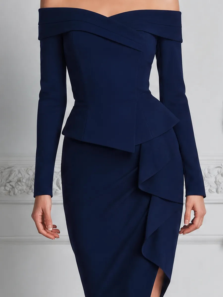 Navy Dress Fall Wedding Guest Dress Off Shoulder Ruffle Pencil Midi Dress