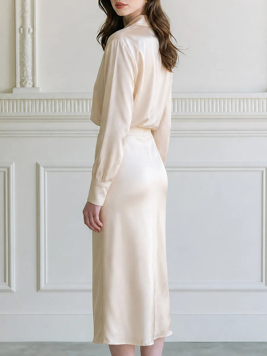 Satin Point-Collar Long-Sleeve Blouse & Bias-Cut Midi Skirt Two-Piece Set