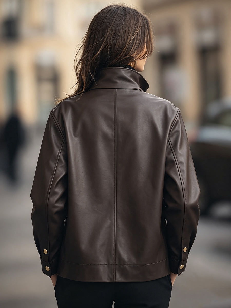High-Neck Zip-Up Faux Leather Jacket