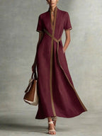 Women's V-neck Short-sleeve Casual Loose Cotton-linen Dress