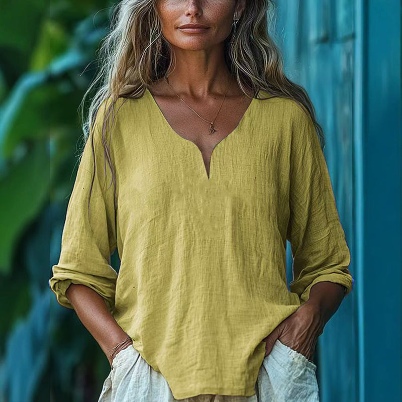 Vintage Solid Color Long Sleeve Linen Blend Shirt
