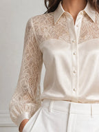 Elegant Floral Lace Satin Patchwork Collared Blouse