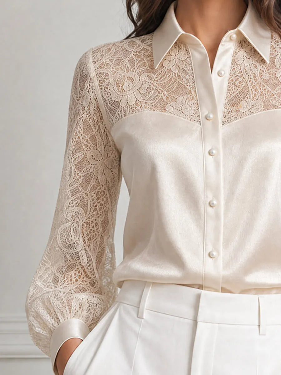Elegant Floral Lace Satin Patchwork Collared Blouse