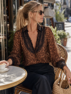 Boho Luxe Leopard Lace Trim Chiffon Blouse Top