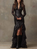 Black Faux Leather Corset Maxi Dress With Lace Sleeves