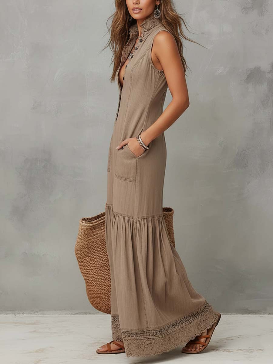 Classic Khaki Pure Cotton Sleeveless Maxi Dress