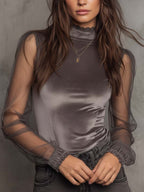 Velvet Mesh Panel High-Neck Top ¨C Graphite Grey