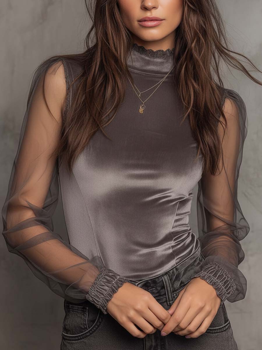 Velvet Mesh Panel High-Neck Top ¨C Graphite Grey
