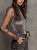 Velvet Mesh Panel High-Neck Top ¨C Graphite Grey