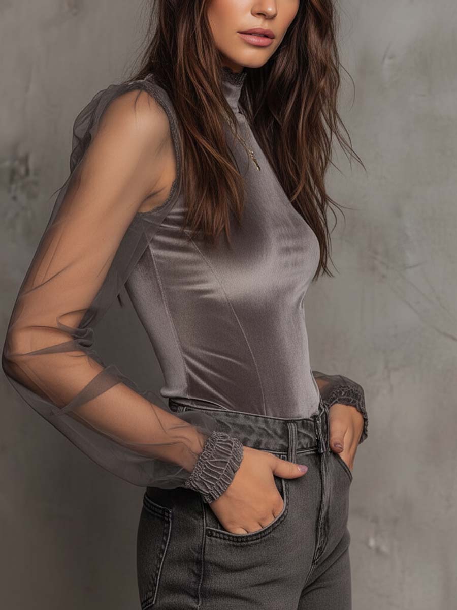 Velvet Mesh Panel High-Neck Top ¨C Graphite Grey