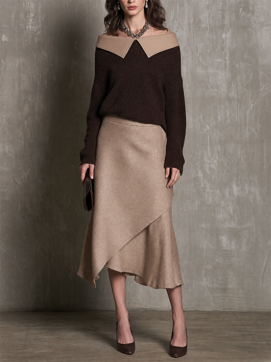 Effortless Evening Draped Knit Pullover & Asymmetric Skirt Set