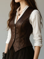 Retro Waist-cinched Button Down Leather Waistcoat