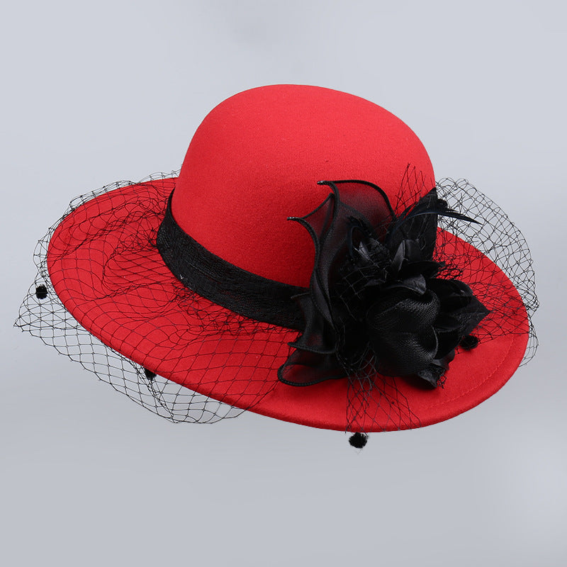 French Retro Mesh Floral Woolen Hatm