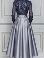 Navy Sequin Shirt And Silver Pleated Skirt Two-Piece Set