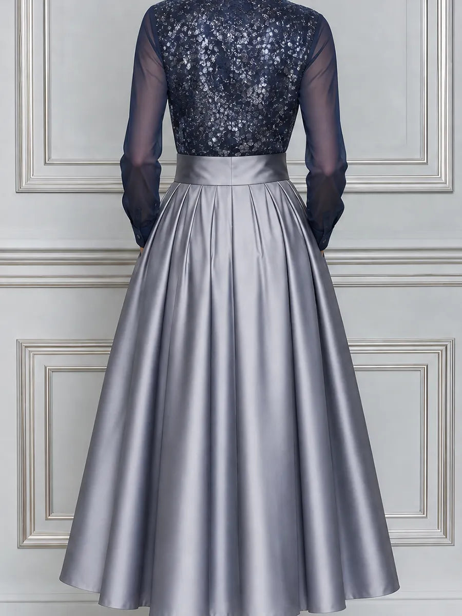 Navy Sequin Shirt And Silver Pleated Skirt Two-Piece Set