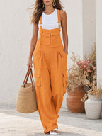 Orange Cotton-linen Multi-pocket Wide-leg Overalls