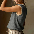 Retro Loose Solid Color Round Neck Lace Patchwork Sleeveless T-shirt