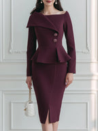 Elegant Long Sleeve Peplum Bodycon Midi Dress with Fold-Over Collar