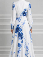 White Blue Watercolor Floral Print Shawl Collar Wrap Slit Maxi Dress