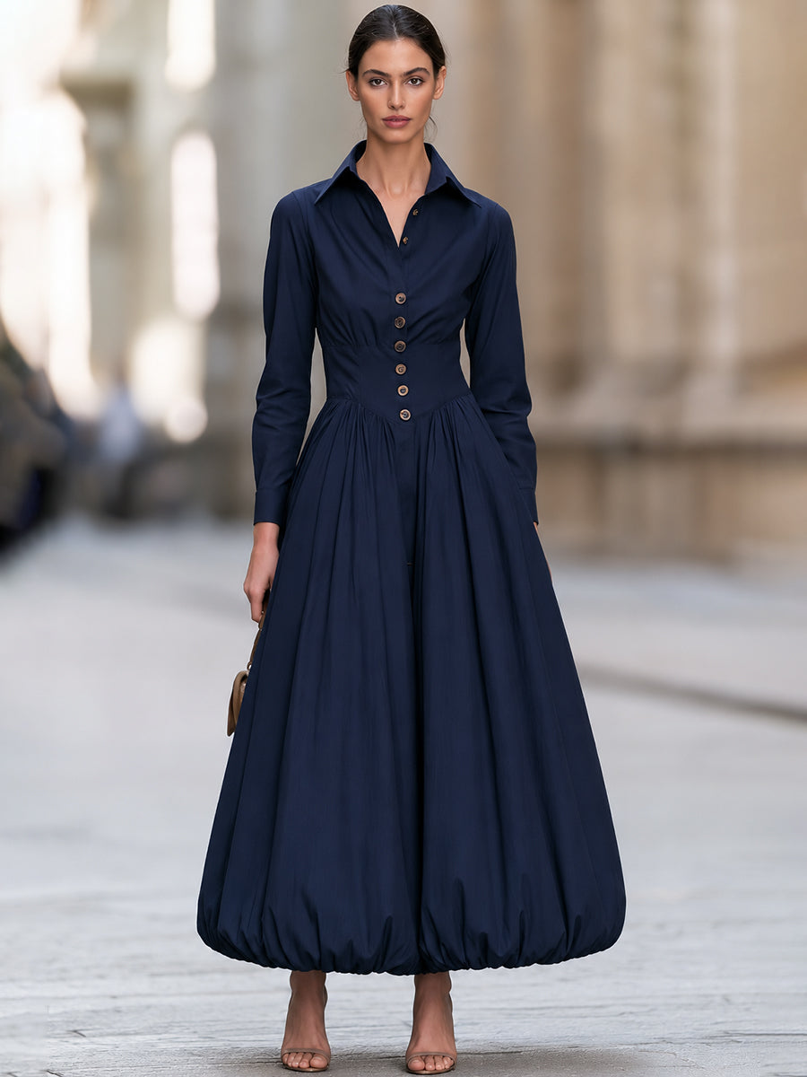 Navy Button Front Long Sleeve A-Line Midi Dress