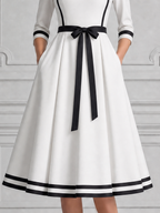 White Dress Contrast Trim Bow Belt A-Line Midi Dress