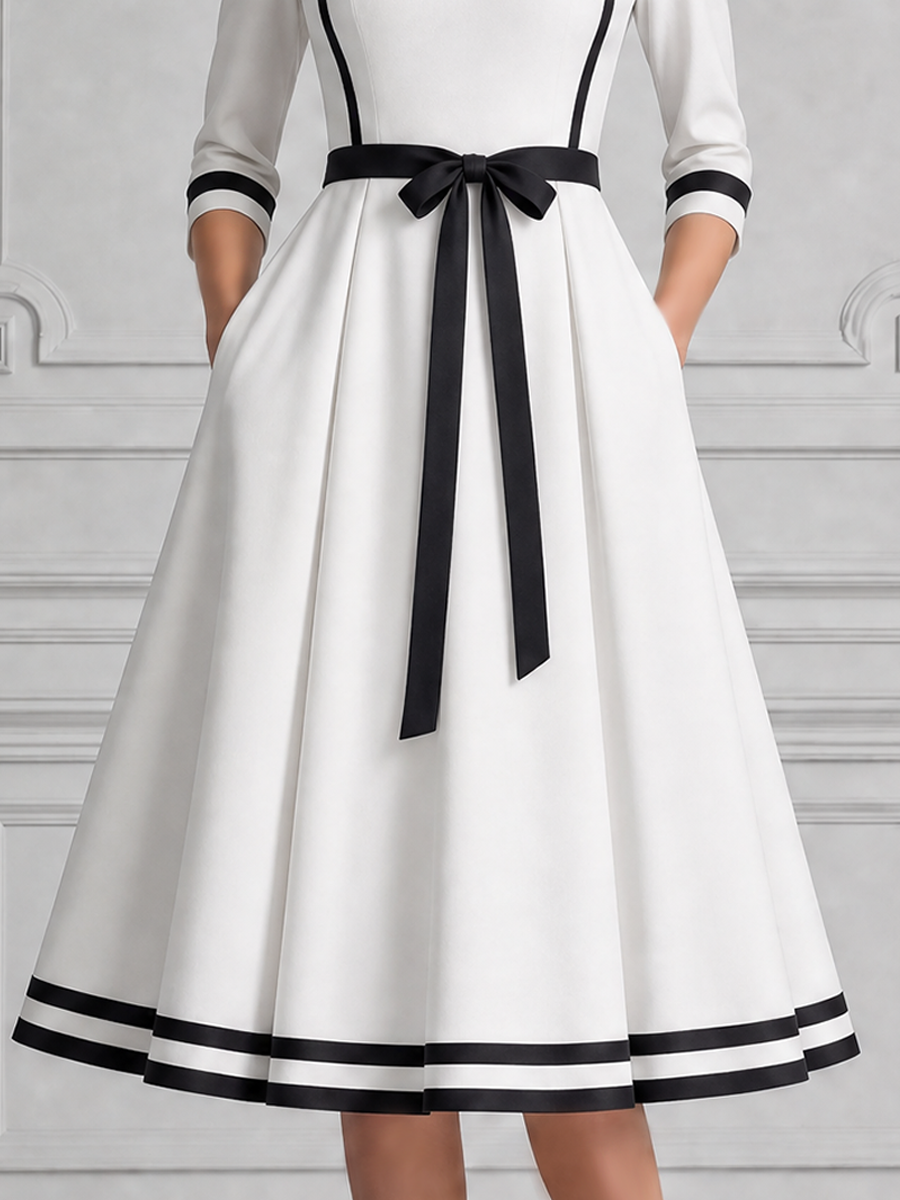 White Dress Contrast Trim Bow Belt A-Line Midi Dress