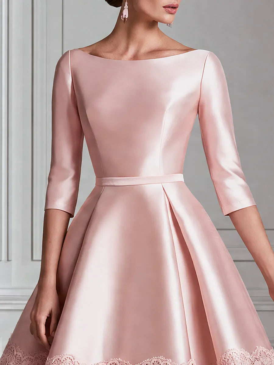 Vintage-Inspired Boat-Neck Lace-Hem Satin A-Line Midi Dress