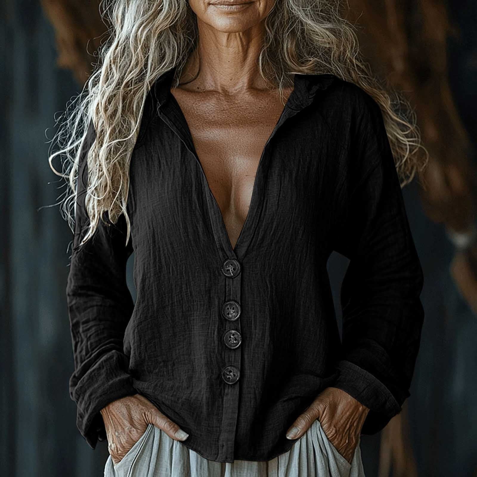 Women's Vintage Solid Color V-neck Linen Shirt