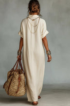 Women's Minimalist Linen Blend Short-sleeved Shirt Maxi Dress
