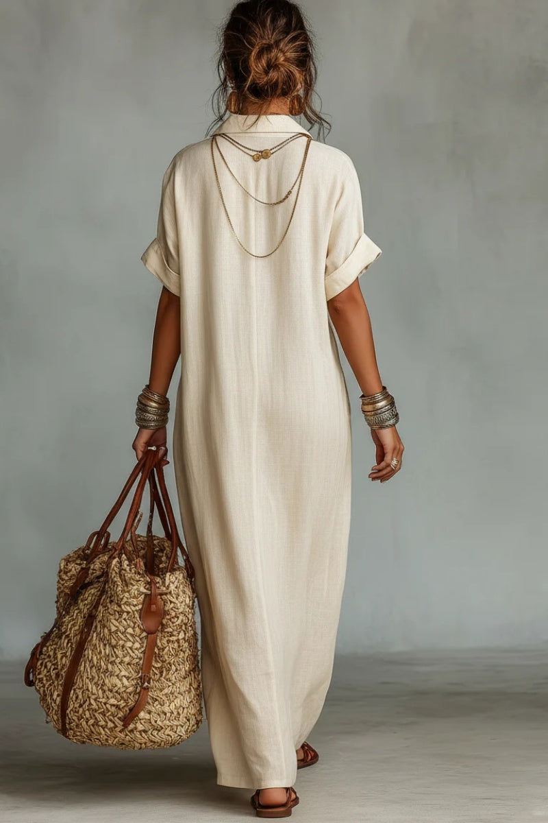 Women's Minimalist Linen Blend Short-sleeved Shirt Maxi Dress