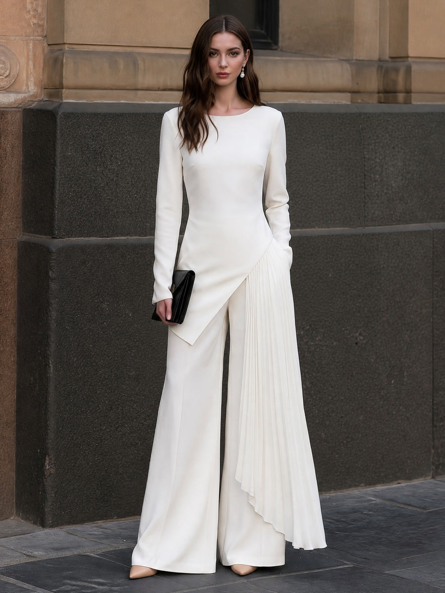 Asymmetric Pleated Overlay Top And Wide-Leg Pants Set