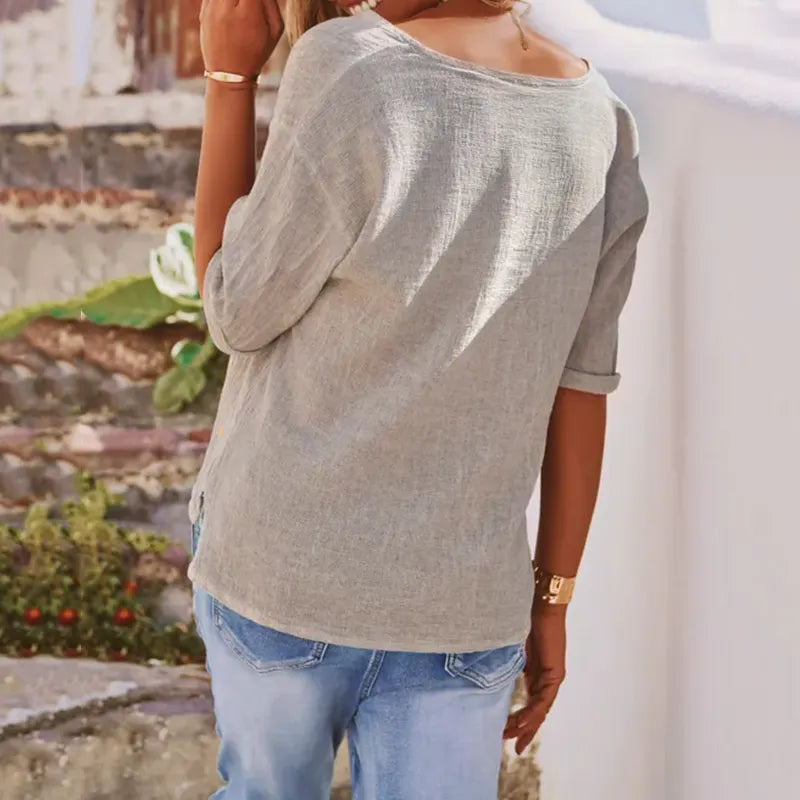 Women's Solid Color V-neck Linen T-shirt