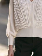 Pleated V-Neck Blouson Knit Sweater