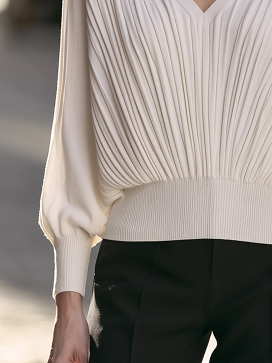Pleated V-Neck Blouson Knit Sweater