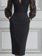Black Lace Dress Fall Wedding Guest Dress Puff Sleeve Pencil Midi Dress